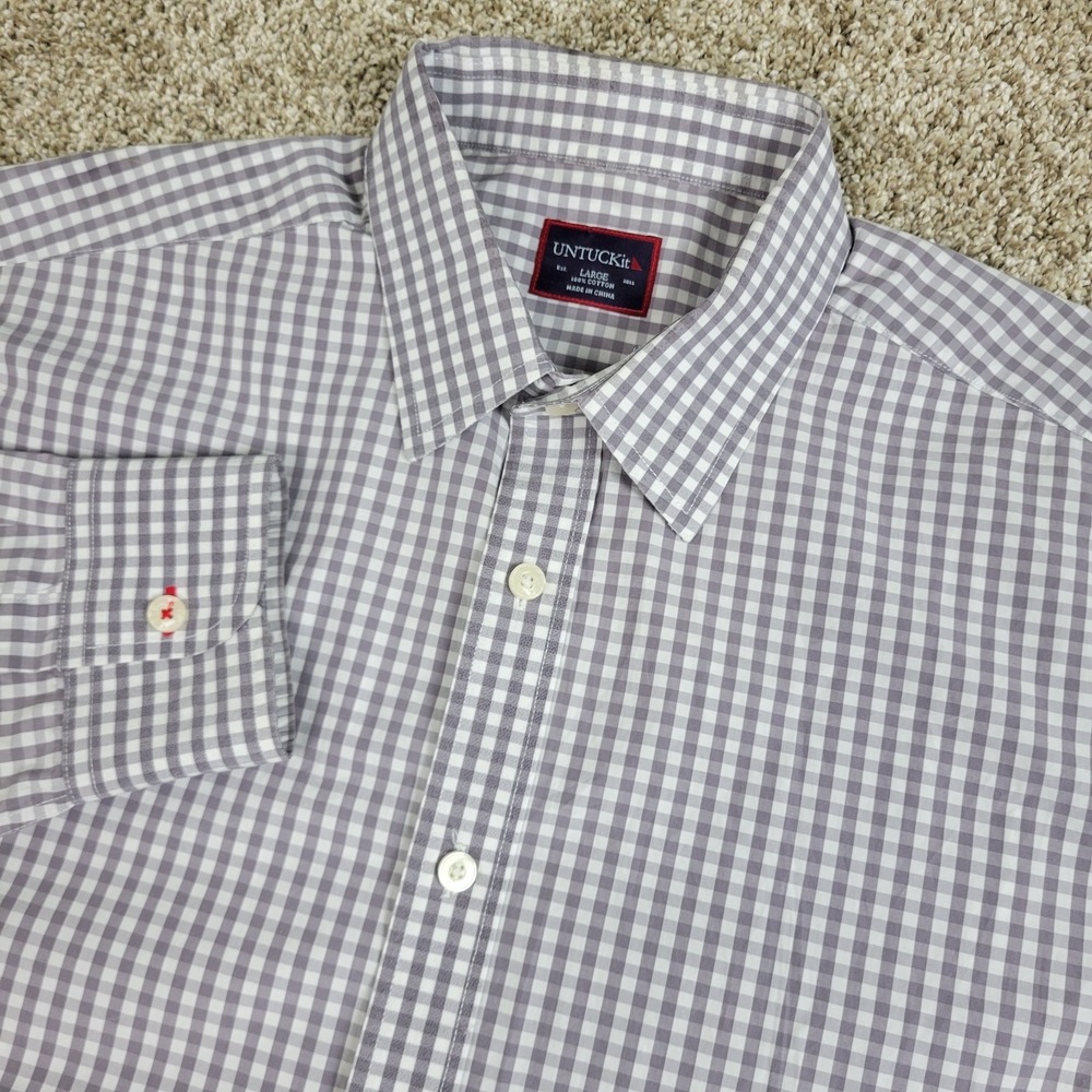 Untuckit Mens Large Gray White Gingham Check Button Up Long Sleeve